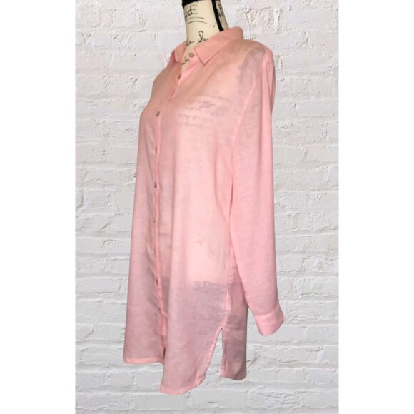 Tahari Linen Tunic Shirt Dress MED Pink Roll Tab Sleeve Lagenlook MOP Buttons - Picture 2 of 8